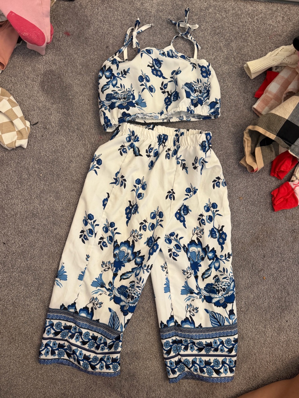 Blue Floral Two-Piece Crop Top & Wide Leg Pants Set